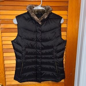 Eddie Bauer Black Goose Down Faux Fur Puffer Vest - womens size small